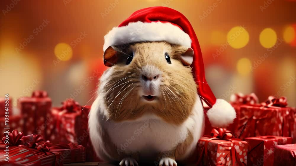A festive guinea pig wearing a Santa hat among colorful Christmas presents in a joyful setting A festive guinea pig wearing a Santa hat among colorful Christmas presents in a joyful setting