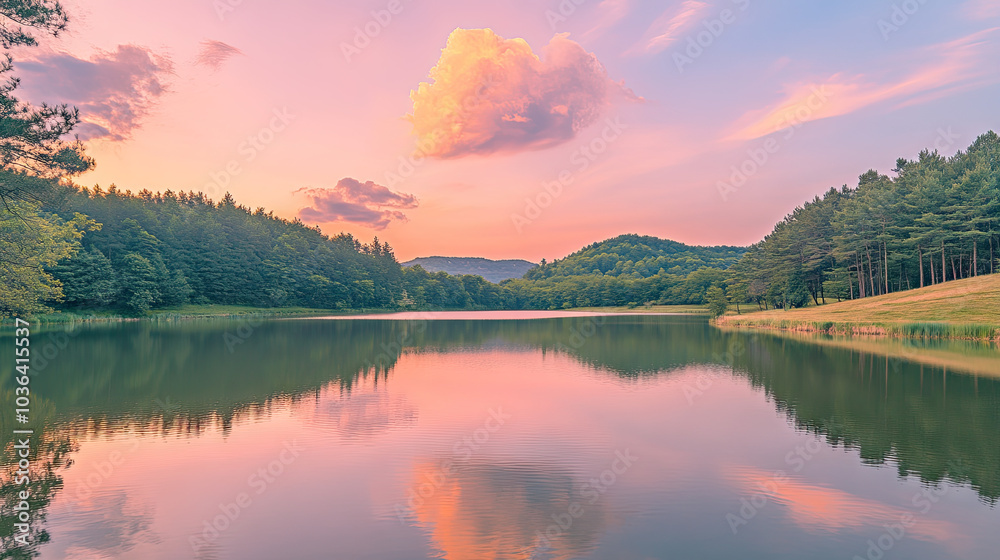Fototapeta premium A pastel-colored landscape with a light pink sunset reflecting off a calm lake, surrounded by soft green trees and rolling hills --chaos