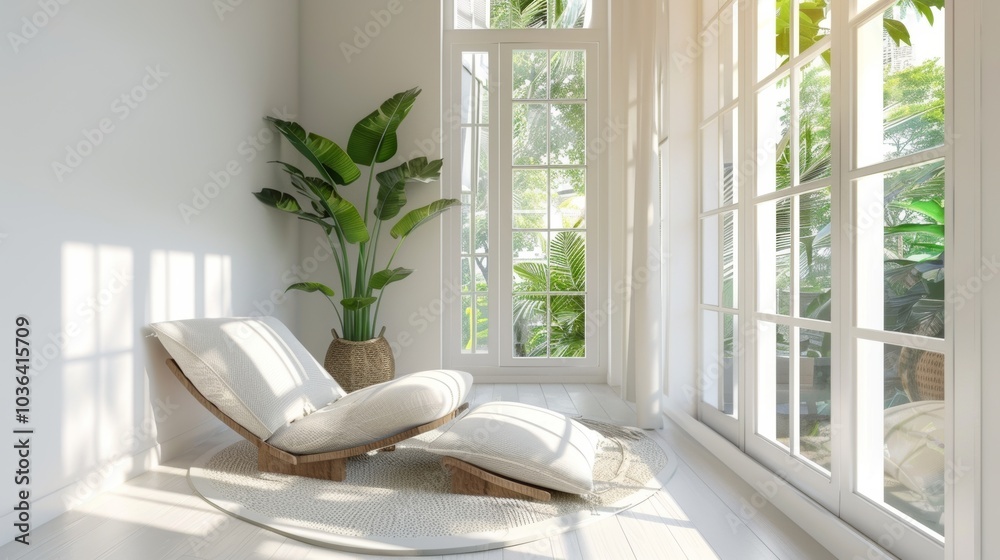 Minimalist sunroom nook, soft lighting