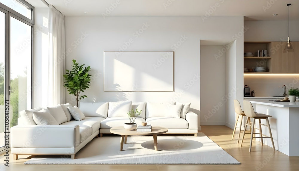 Poster frame mock up in modern home living room interior with white sofa and coffee table with decor, 3d render Poster frame mock up in modern home living room interior with white sofa and coffee table with decor, 3d render