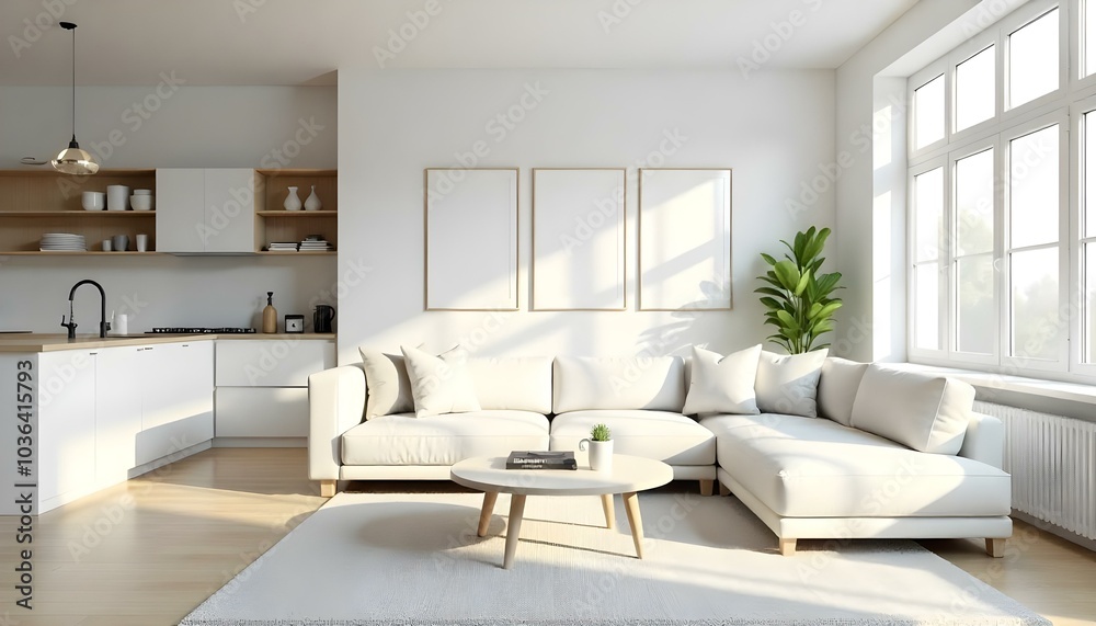 Poster frame mock up in modern home living room interior with white sofa and coffee table with decor, 3d render Poster frame mock up in modern home living room interior with white sofa and coffee table with decor, 3d render