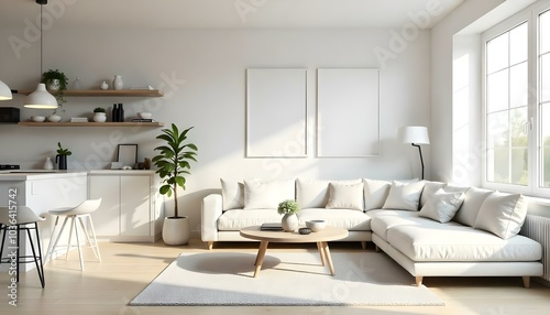 Poster frame mock up in modern home living room interior with white sofa and coffee table with decor, 3d render