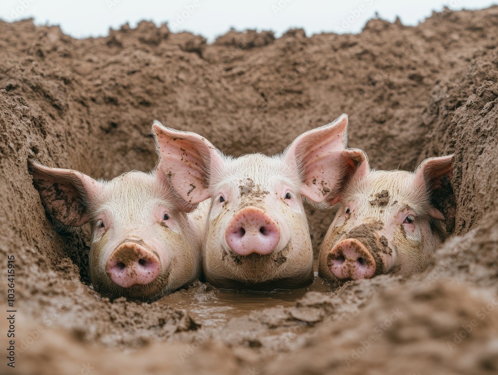 Three Pigs Playing in Muddy Hole Three Pigs Playing in Muddy Hole