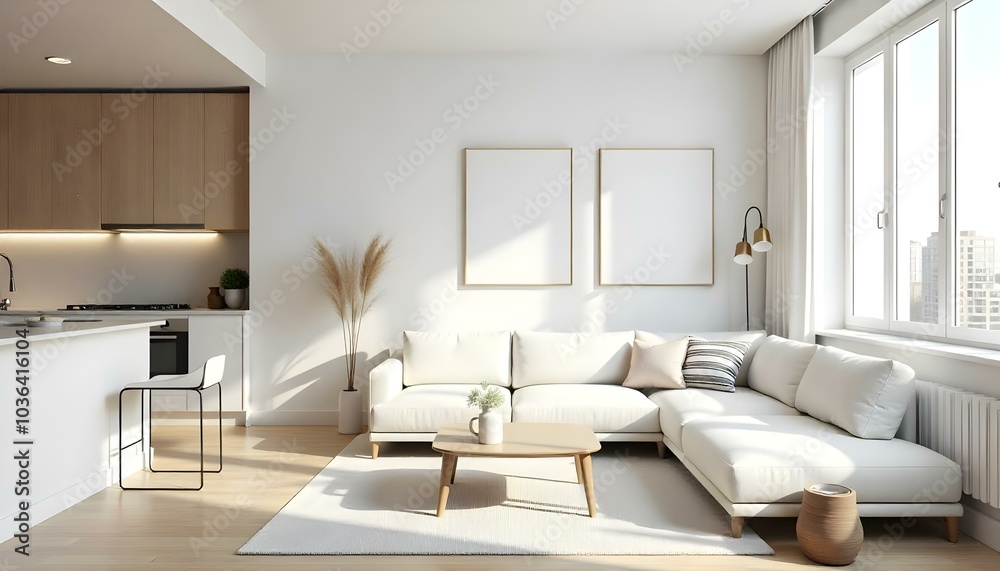 Poster frame mock up in modern home living room interior with white sofa and coffee table with decor, 3d render Poster frame mock up in modern home living room interior with white sofa and coffee table with decor, 3d render