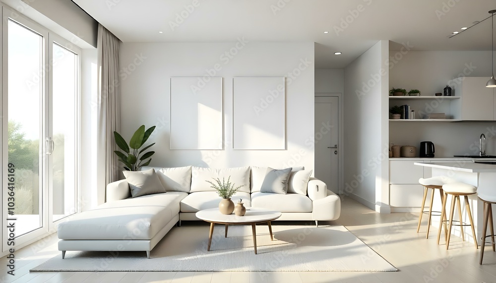 Poster frame mock up in modern home living room interior with white sofa and coffee table with decor, 3d render Poster frame mock up in modern home living room interior with white sofa and coffee table with decor, 3d render