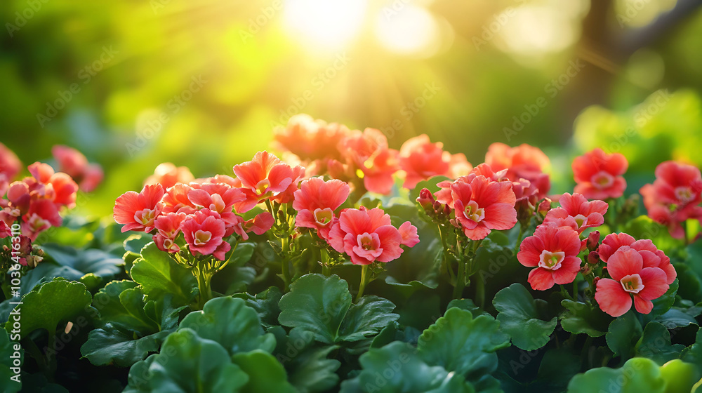 Close-up of vibrant pink flowers blooming in a lush green garden, bathed in warm, golden sunlight. Close-up of vibrant pink flowers blooming in a lush green garden, bathed in warm, golden sunlight.