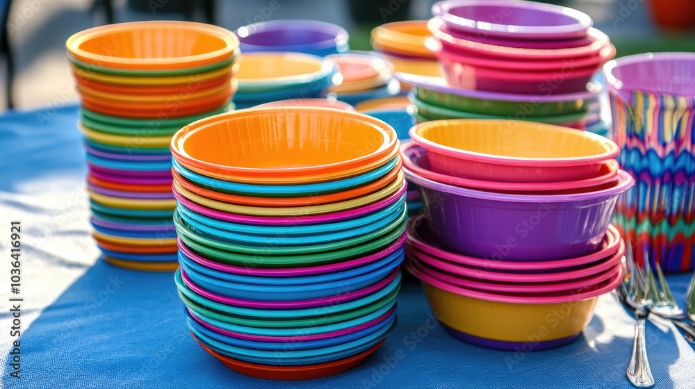 A pile of colorful plastic party cups and plates in bright colors, stacked on a table, ready for a lively celebration or event --chaos A pile of colorful plastic party cups and plates in bright colors, stacked on a table, ready for a lively celebration or event --chaos