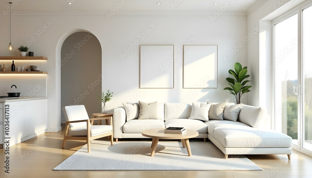 Poster frame mock up in modern home living room interior with white sofa and coffee table with decor, 3d render Poster frame mock up in modern home living room interior with white sofa and coffee table with decor, 3d render