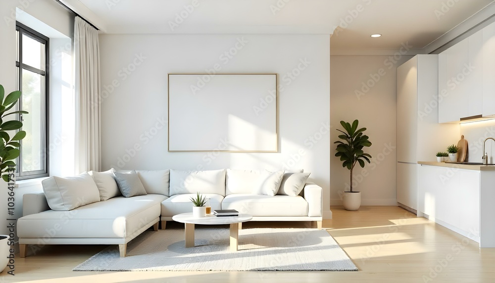 Poster frame mock up in modern home living room interior with white sofa and coffee table with decor, 3d render Poster frame mock up in modern home living room interior with white sofa and coffee table with decor, 3d render