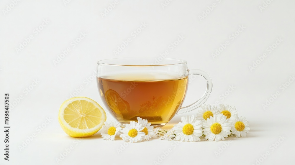 A clear glass teacup filled with chamomile tea, with a slice of lemon beside it on a pristine white background. Soothing and calming. A clear glass teacup filled with chamomile tea, with a slice of lemon beside it on a pristine white background. Soothing and calming.