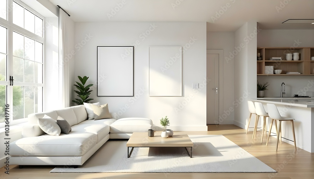 Poster frame mock up in modern home living room interior with white sofa and coffee table with decor, 3d render Poster frame mock up in modern home living room interior with white sofa and coffee table with decor, 3d render