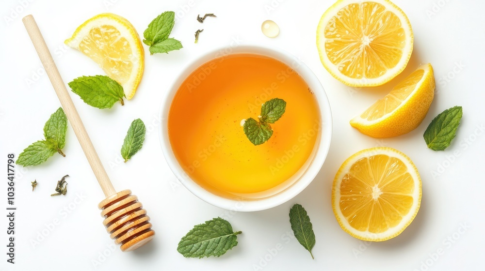 A cup of lemon honey tea surrounded by honey, lemon wedges, and a sprig of mint, beautifully arranged on a white background. Fresh and inviting. A cup of lemon honey tea surrounded by honey, lemon wedges, and a sprig of mint, beautifully arranged on a white background. Fresh and inviting.