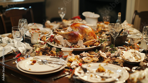 Messy Holiday Dinner Aftermath Featuring a Roasted Turkey Surrounded by Leftovers and Cluttered Tableware - Image made using Generative AI photo