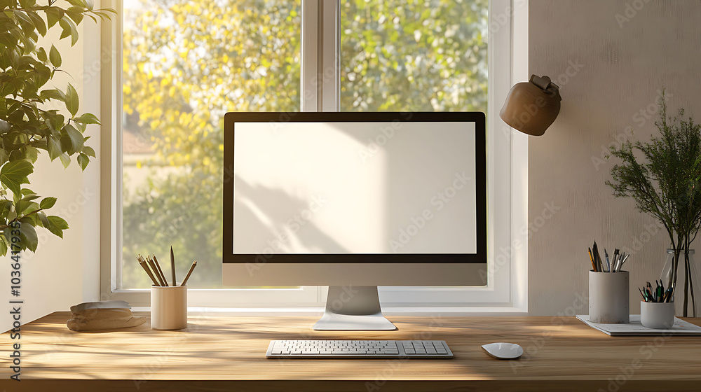 A minimalist home office desk with a computer, keyboard, and mouse with a blank screen, pencils, books, and plants in front of a window. A minimalist home office desk with a computer, keyboard, and mouse with a blank screen, pencils, books, and plants in front of a window.