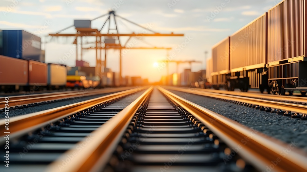 Fototapeta premium Sunrise over Bustling Railway Cargo Freight Terminal with Containers and Cranes