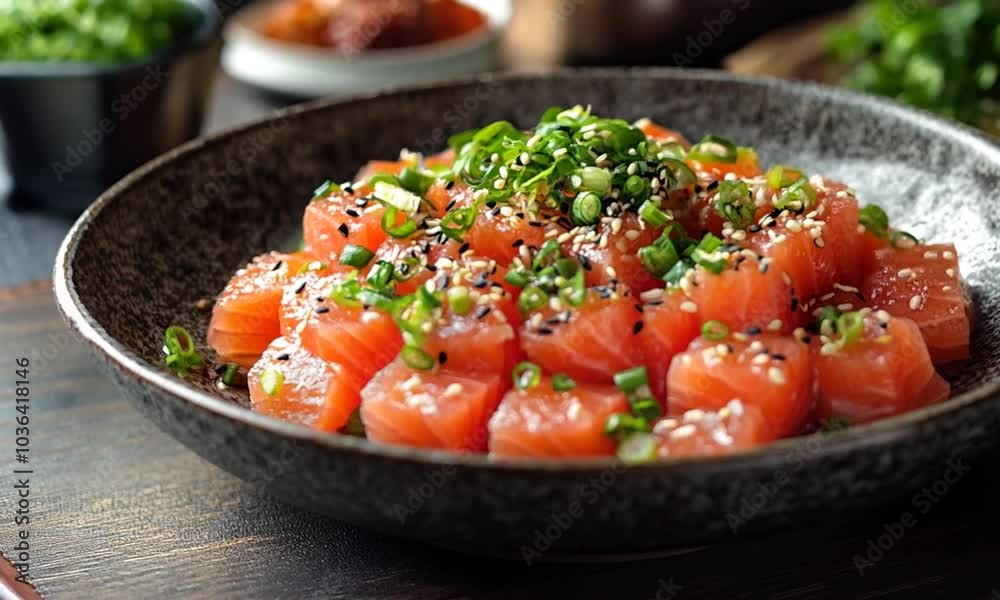 A plate of fresh salmon garnished with green onions and sesame seeds. A plate of fresh salmon garnished with green onions and sesame seeds.