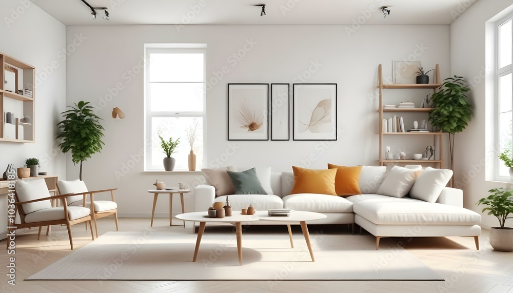 Poster frame mock up in modern home living room interior with white sofa and coffee table with decor, 3d render Poster frame mock up in modern home living room interior with white sofa and coffee table with decor, 3d render