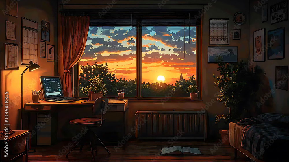 Fototapeta premium A cozy room with a desk, a bed, a window overlooking a beautiful sunset, and plants on the windowsill.