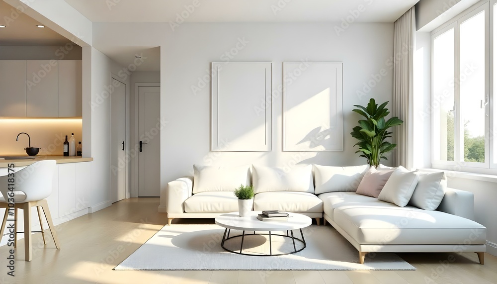 Poster frame mock up in modern home living room interior with white sofa and coffee table with decor, 3d render Poster frame mock up in modern home living room interior with white sofa and coffee table with decor, 3d render
