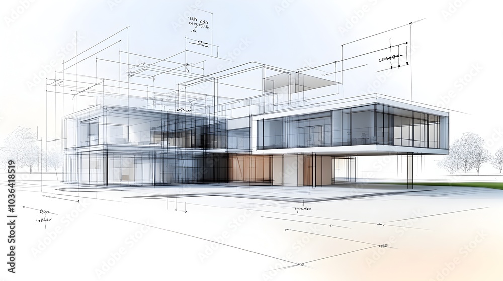 Architectural blueprint or rendering of a contemporary residential building with a minimalist geometric facade design featuring glass concrete and wood elements Architectural blueprint or rendering of a contemporary residential building with a minimalist geometric facade design featuring glass concrete and wood elements