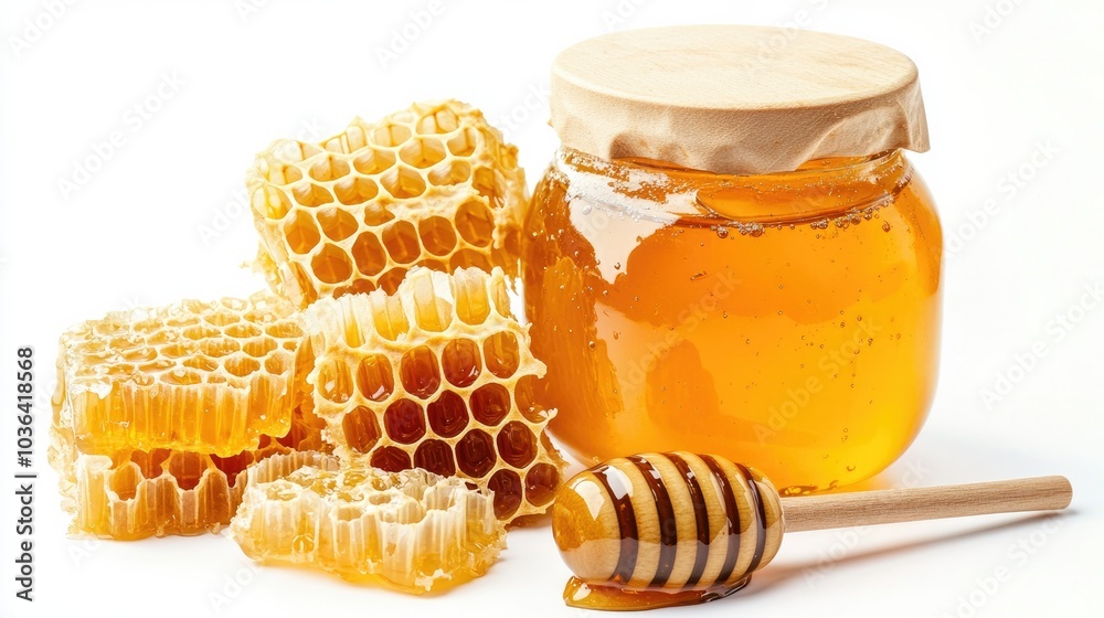 A jar of honey with a dipper beside it, surrounded by a few honeycomb pieces, all arranged on a clean white background. Natural and fresh. A jar of honey with a dipper beside it, surrounded by a few honeycomb pieces, all arranged on a clean white background. Natural and fresh.