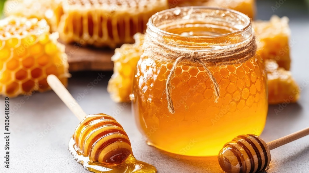 A jar of honey with a dipper beside it, surrounded by a few honeycomb pieces, all arranged on a clean white background. Natural and fresh. A jar of honey with a dipper beside it, surrounded by a few honeycomb pieces, all arranged on a clean white background. Natural and fresh.