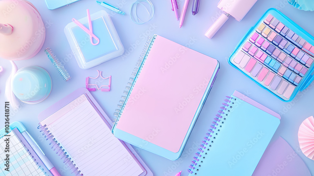 A set of pastel-colored notebooks, planners, and stationery spread out on a desk, evoking a sense of calm and organization --chaos A set of pastel-colored notebooks, planners, and stationery spread out on a desk, evoking a sense of calm and organization --chaos