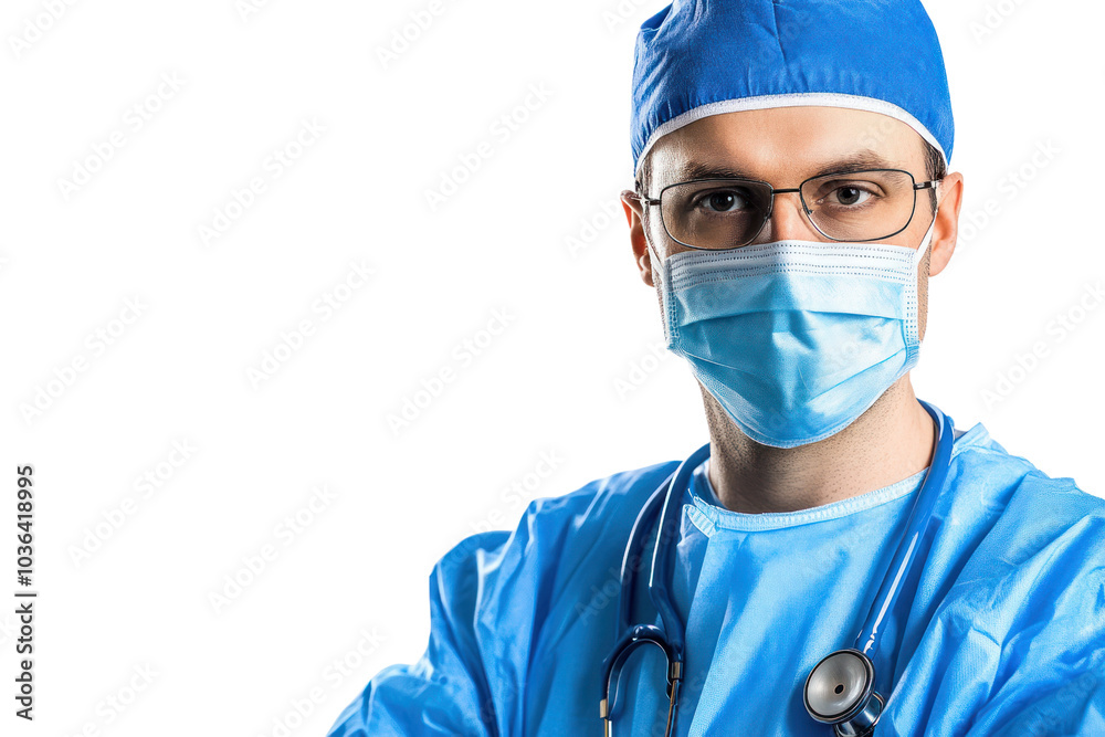 Portrait of a masked surgeon isolated on white background. Portrait of a masked surgeon isolated on white background.