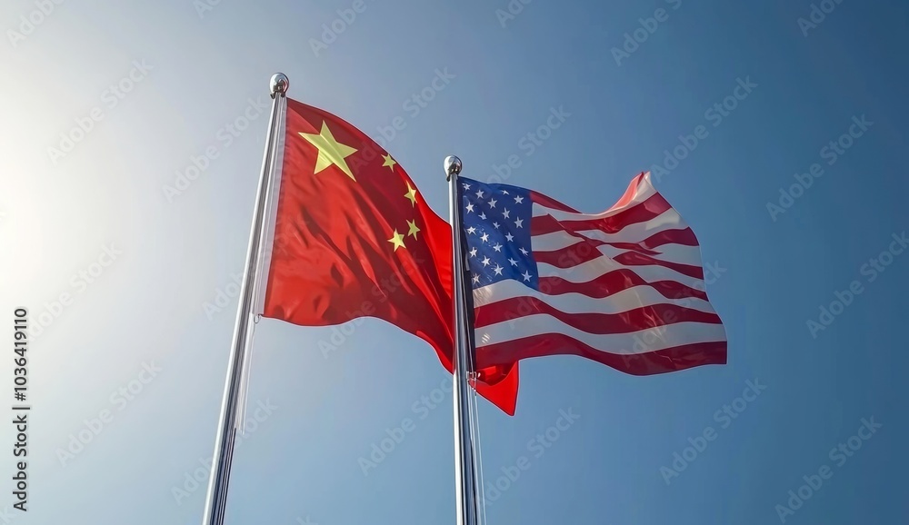 米中関係を象徴する二国の国旗 米中関係を象徴する二国の国旗