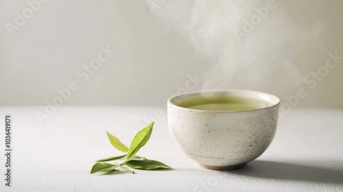 A steaming cup of green tea with a few tea leaves beside it, set on a clean white background. Simple and refreshing.