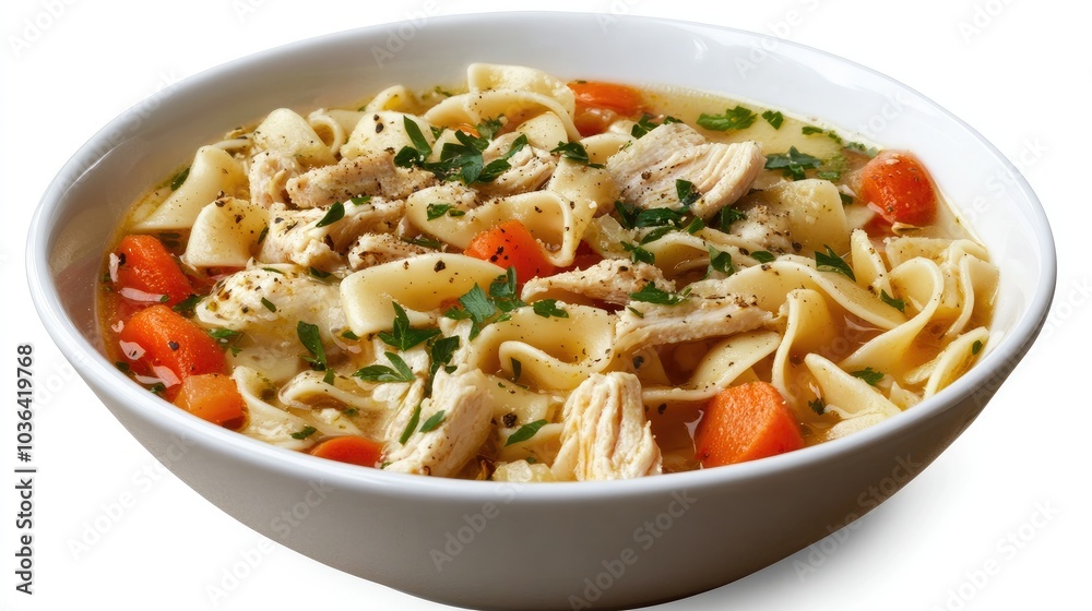 Chicken noodle soup with chunks of vegetables and herbs, served in a rustic white bowl on a plain white background. Warm and comforting. Chicken noodle soup with chunks of vegetables and herbs, served in a rustic white bowl on a plain white background. Warm and comforting.