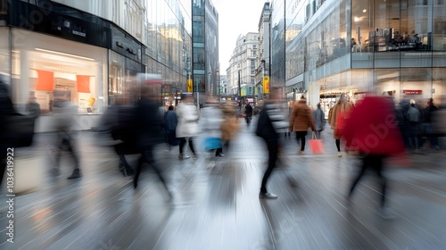 Blurred motion of a crowd of anonymous pedestrians rushing through a bustling city street with towering modern glass and steel office buildings and storefronts in the background