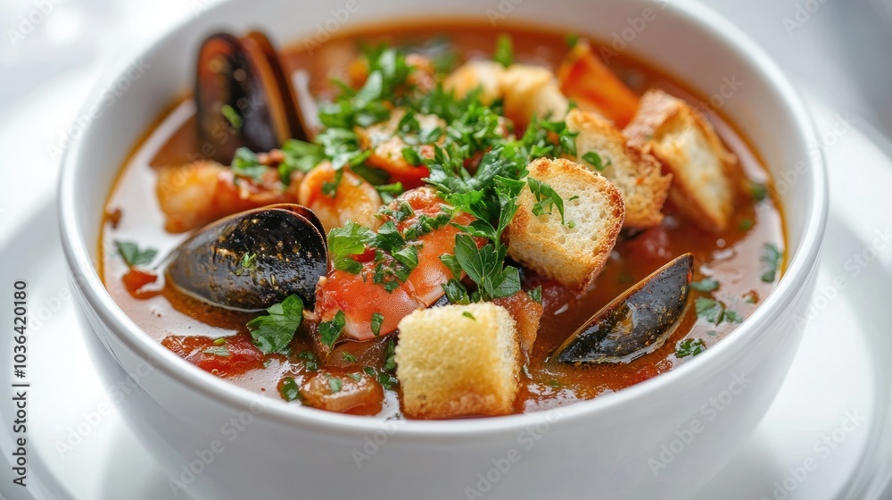 Spicy seafood bisque in a white porcelain bowl, topped with fresh parsley and croutons, with a white background to highlight the rich colors of the dish. Spicy seafood bisque in a white porcelain bowl, topped with fresh parsley and croutons, with a white background to highlight the rich colors of the dish.