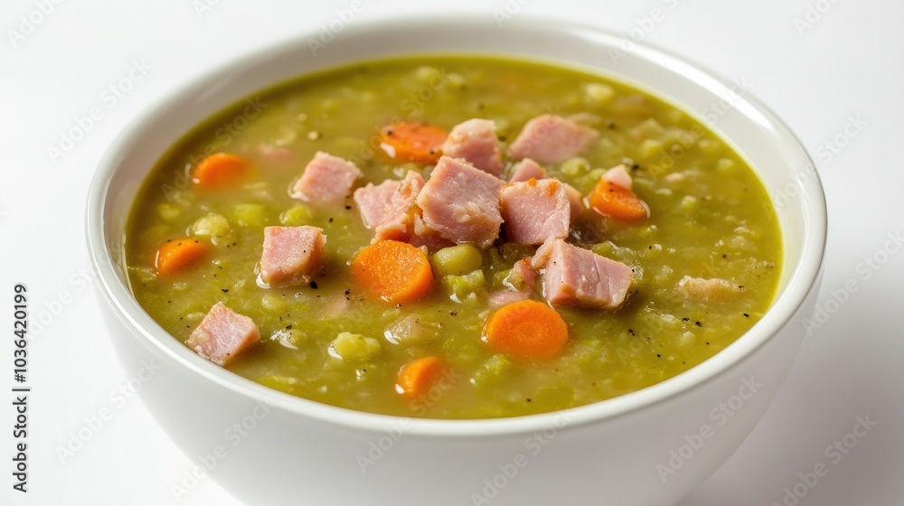 Split pea soup with diced ham and carrots in a white bowl, placed on a white background, showcasing a homestyle, comforting meal.