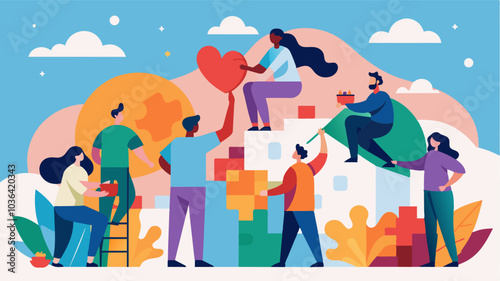 On a large community wall vibrant colors and soothing shapes merge together as residents work together on a mindfulness painting bringing the community closer through the shared. Vector illustration