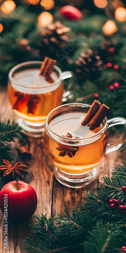 Cidra de maçã quente com paus de canela ao lado photo