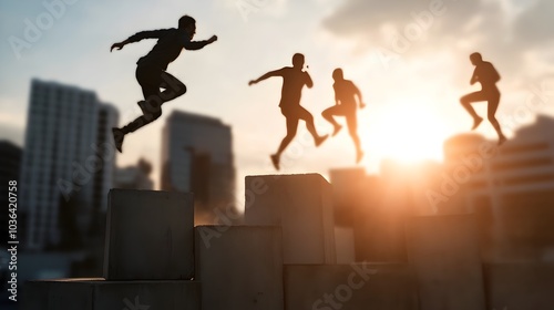 Silhouettes of active athletic men performing parkour and freerunning stunts against the backdrop of a vibrant city skyline at sunset capturing a sense of energy strength and adventure photo