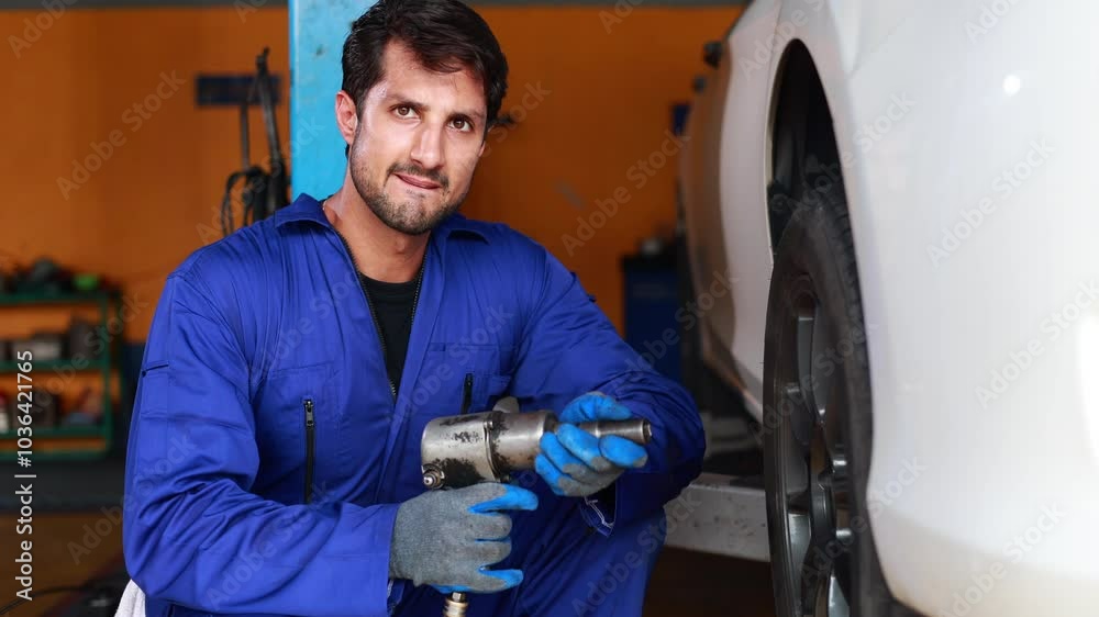 Mechanic car repair and chang tire and wheel by electric drill to loosen the bolts. Car maintenance and auto service garage Mechanic car repair and chang tire and wheel by electric drill to loosen the bolts. Car maintenance and auto service garage
