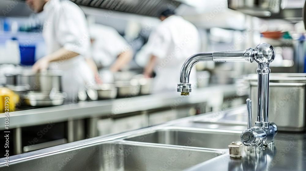 A stainless steel faucet in a commercial kitchen, with chefs working in the background and various utensils around. --chaos A stainless steel faucet in a commercial kitchen, with chefs working in the background and various utensils around. --chaos