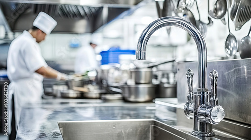 A stainless steel faucet in a commercial kitchen, with chefs working in the background and various utensils around. --chaos