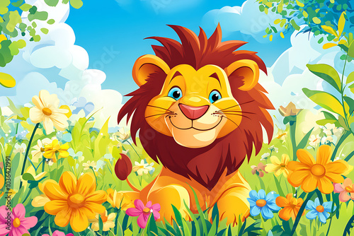 A cheerful cartoon lion surrounded by colorful flowers in a bright, sunny landscape. photo