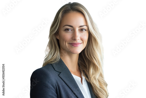 Happy beautiful businesswoman looking at camera isolated on white background photo