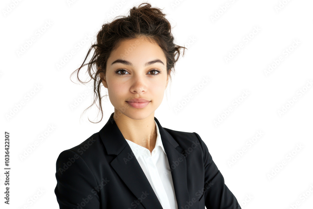 Happy beautiful businesswoman looking at camera isolated on white background