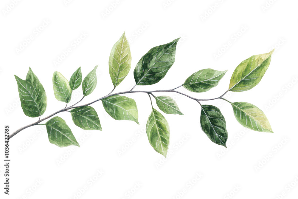 Fototapeta premium Branch with leaves in botanical isolated on transparent and white background.PNG image 