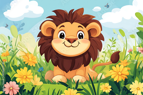 A cheerful cartoon lion sitting in a vibrant field of flowers under a bright sky. photo