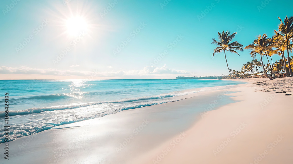 A tranquil beach scene with white sand, turquoise water, and swaying palm trees under a bright sun. A tranquil beach scene with white sand, turquoise water, and swaying palm trees under a bright sun.