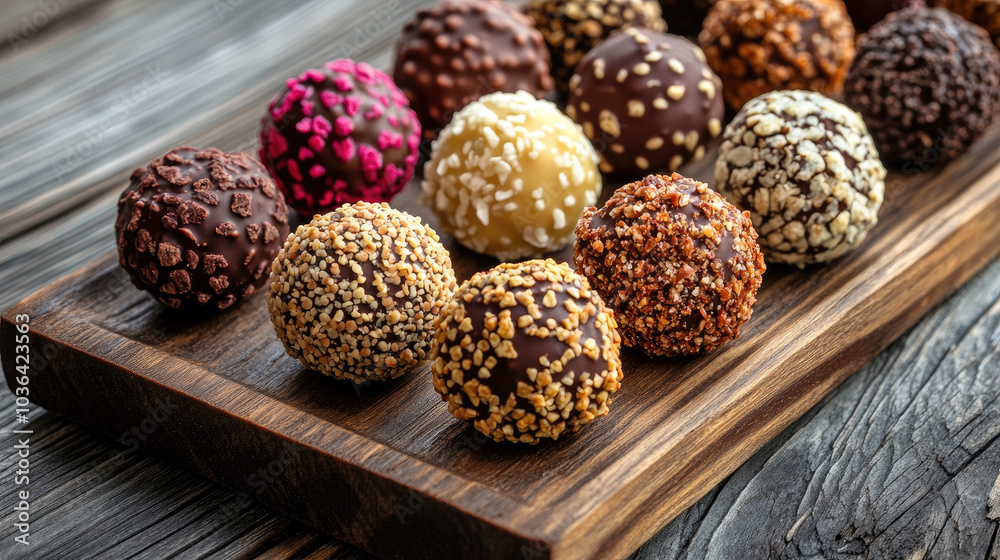 A variety of chocolate balls with crunchy sweet coatings on a wooden tray, with one bitten into, showcasing the crunchy and smooth textures inside. A variety of chocolate balls with crunchy sweet coatings on a wooden tray, with one bitten into, showcasing the crunchy and smooth textures inside.