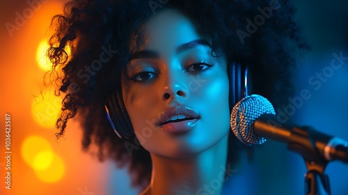 Captivating vocalist with stunning curly hair and microphone in a vibrant musical setting photo