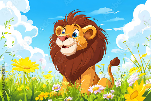 A cheerful cartoon lion sits in a vibrant meadow filled with flowers under a blue sky. photo