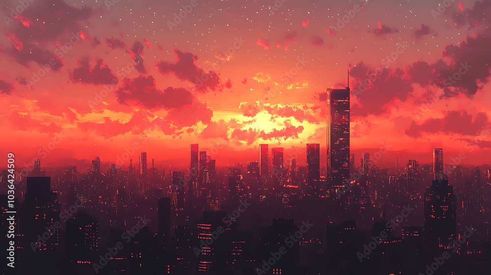 A vibrant sunset casts a warm glow over a modern cityscape with tall skyscrapers reaching towards the sky.